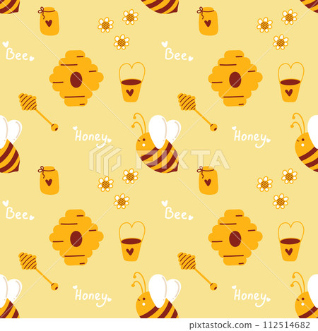 Honey pattern with bees for beekeepers and honey products. Cute summer yellow pattern with bees Honey pattern with bees for beekeepers and honey products. Cute summer yellow pattern with bees 112514682