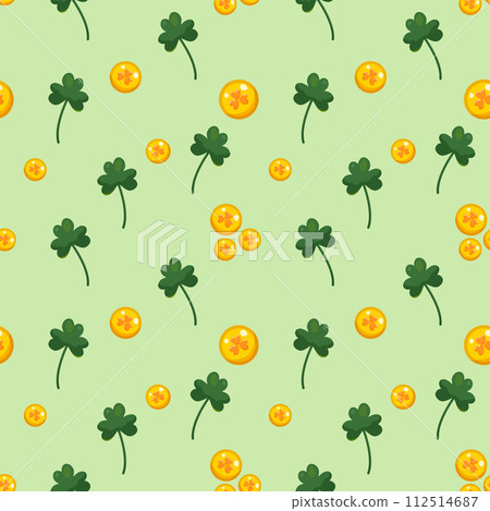 Seamless pattern for St. Patrick Day with green clover twigs and gold coins on green background Seamless pattern for St. Patrick Day with green clover twigs and gold coins on green background 112514687