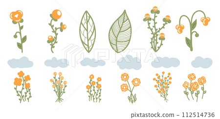 Set of orange flowers with vintage leaves from spring and summer collection. Variety orange flowers Set of orange flowers with vintage leaves from spring and summer collection. Variety orange flowers 112514736