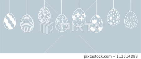 Easter web banner with garland of vintage Easter eggs on blue background with place for text. Easter web banner with garland of vintage Easter eggs on blue background with place for text. 112514888