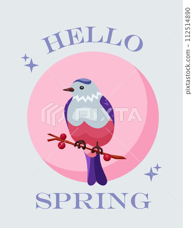 Hello spring. Greeting card with the beginning of spring on blue background. Cute little bird Hello spring. Greeting card with the beginning of spring on blue background. Cute little bird 112514890