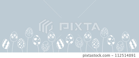Blue banner for Easter decoration. Silhouettes of Easter eggs growing like flowers in vintage style Blue banner for Easter decoration. Silhouettes of Easter eggs growing like flowers in vintage style 112514891