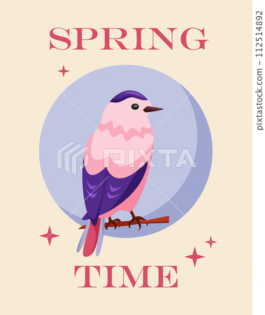 Hello spring. Greeting card with the beginning of spring. Cute little bird in pink and blue Hello spring. Greeting card with the beginning of spring. Cute little bird in pink and blue 112514892