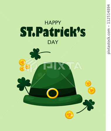 St. Patricks Day greeting card on March 17th with coins, shamrocks and green Irish elf cap. 112514894