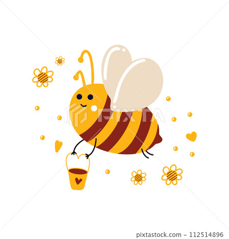 Illustration of bee with bucket of honey flying against background of daisies and hearts. Illustration of bee with bucket of honey flying against background of daisies and hearts. 112514896