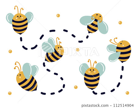 Set of summer bees in motion with honey droplets Set of summer bees in motion with honey droplets 112514904