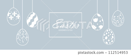Easter web banner with garland of vintage Easter eggs on blue background with place for text. Easter web banner with garland of vintage Easter eggs on blue background with place for text. 112514953