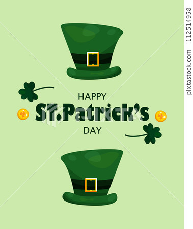 St. Patricks Day greeting card on March 17th with coins, shamrocks and two green Irish elf caps. St. Patricks Day greeting card on March 17th with coins, shamrocks and two green Irish elf caps. 112514958