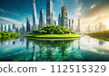 [AI generated image] Imaginary futuristic city surrounded by rich nature 112515329
