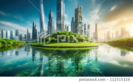 [AI generated image] Imaginary futuristic city surrounded by rich nature 112515329