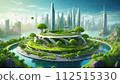 [AI generated image] Imaginary futuristic city surrounded by rich nature 112515330