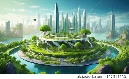 [AI generated image] Imaginary futuristic city surrounded by rich nature 112515330