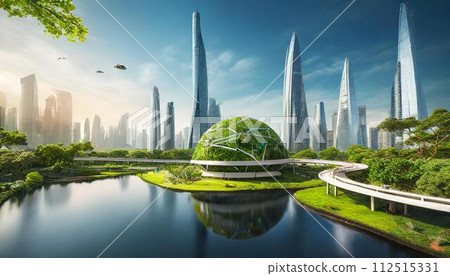 [AI generated image] Imaginary futuristic city surrounded by rich nature 112515331