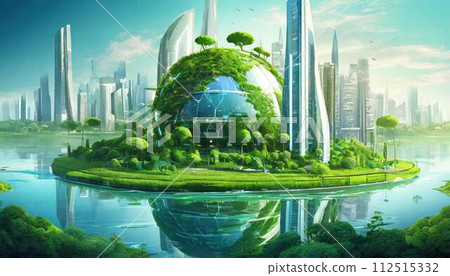 [AI generated image] Imaginary futuristic city surrounded by rich nature 112515332