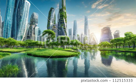 [AI generated image] Imaginary futuristic city surrounded by rich nature 112515333