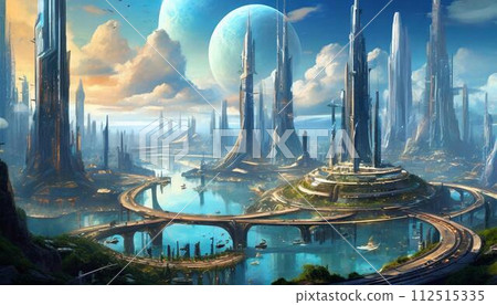[AI-generated image] A fantasy futuristic city with a fantastic atmosphere 112515335