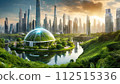 [AI generated image] Imaginary futuristic city surrounded by rich nature 112515336