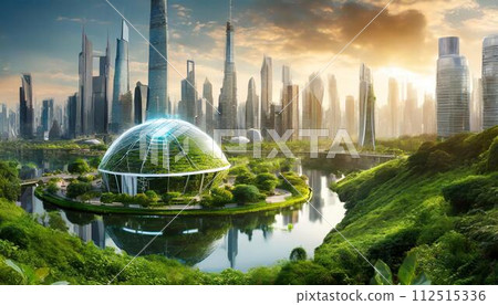 [AI generated image] Imaginary futuristic city surrounded by rich nature 112515336