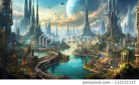 [AI-generated image] A fantasy futuristic city with a fantastic atmosphere 112515337