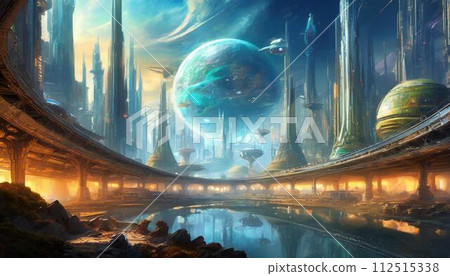 [AI-generated image] A fantasy futuristic city with a fantastic atmosphere 112515338
