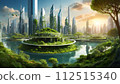 [AI generated image] Imaginary futuristic city surrounded by rich nature 112515340