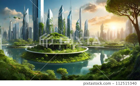 [AI generated image] Imaginary futuristic city surrounded by rich nature 112515340