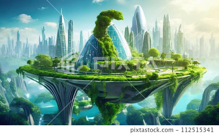 [AI generated image] Imaginary futuristic city surrounded by rich nature 112515341