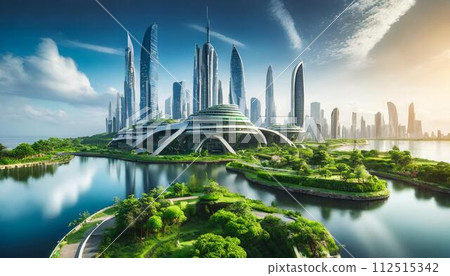 [AI generated image] Imaginary futuristic city surrounded by rich nature 112515342