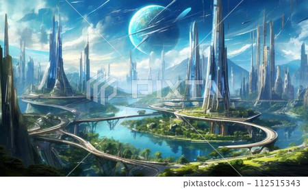 [AI-generated image] A fantasy futuristic city with a fantastic atmosphere 112515343