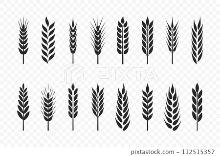 Flat Vector Agriculture Wheat, Cereal Ear Icon Set Isolated. Organic Wheat, Rice Ears. Design Template for Bread, Beer Logo, Packaging, Labels for Farming, Organic Food Concept 112515357