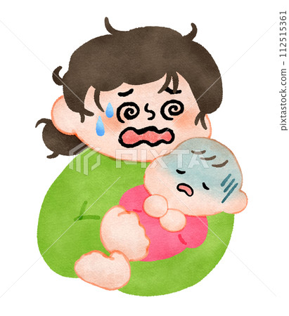 Hand-drawn illustration of a mother holding and nursing a sick baby 112515361