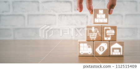 Shopping process concept, Hand holding wooden block on desk with shopping process icon on virtual screen. 112515409