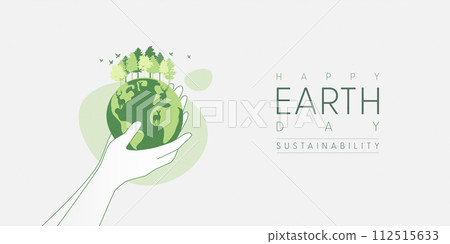 Human hands holding Earth globe. Earth Day, World Environment and Save the Earth concept. Sustainable ecology and environment conservation concept design. Vector illustration. 112515633