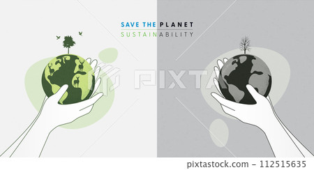 Human hands holding Earth globe, compared between green sustainability ecology and high pollution earth with death tree. Vector Illutration. Human hands holding Earth globe, compared between green sustainability ecology and high pollution earth with death tree. Vector Illutration. 112515635