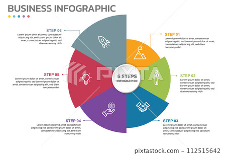 Visual data presentation. Cycle diagram with 6 options. Pie Chart Circle infographic template with 6 steps, options, parts, segments. Business concept. Marketing infographic vector illustration. Visual data presentation. Cycle diagram with 6 options. Pie Chart Circle infographic template with 6 steps, options, parts, segments. Business concept. Marketing infographic vector illustration. 112515642