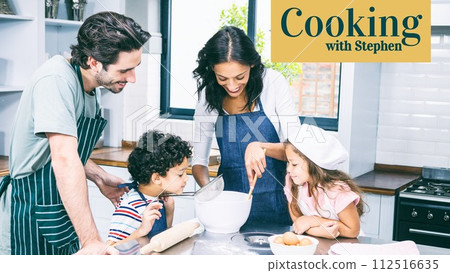 Cooking with stephen text over diverse couple in aprons cooking with son and daughter in kitchen Cooking with stephen text over diverse couple in aprons cooking with son and daughter in kitchen 112516635