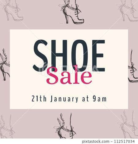 Composite of shoe sale in white box on rows of black shoes and pink background 112517034