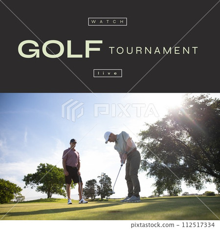 Composition of golf tournament text over caucasian men playing golf 112517334