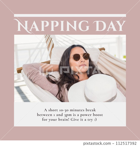 Composition of napping day text over biracial woman sleeping in hammock Composition of napping day text over biracial woman sleeping in hammock 112517392
