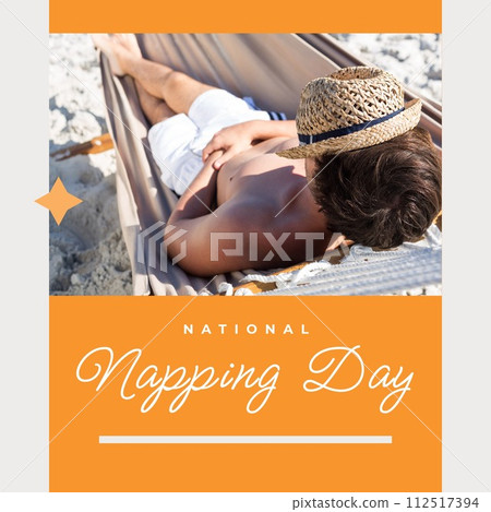 Composition of national napping day text over caucasian man sleeping in hammock 112517394