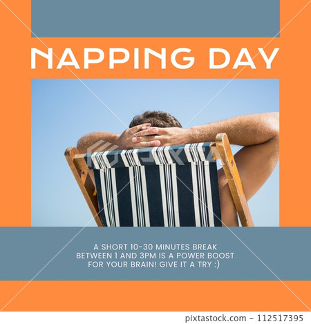 Composition of napping day text over caucasian woman sleeping in hammock 112517395