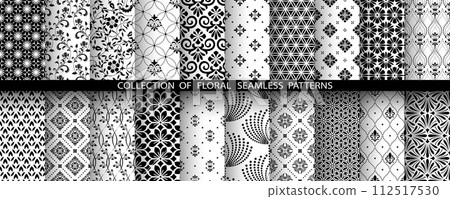 Geometric floral set of seamless patterns. White and black vector backgrounds. Damask graphic ornaments. 112517530