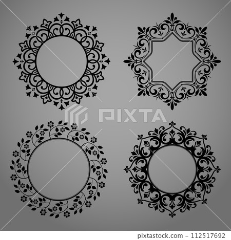 Set of decorative frames Elegant vector element for design in Eastern style, place for text. Floral black and gray borders. Lace illustration for invitations and greeting cards 112517692