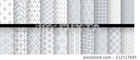 Geometric floral set of seamless patterns. White and gray vector backgrounds. Damask graphic ornaments Geometric floral set of seamless patterns. White and gray vector backgrounds. Damask graphic ornaments 112517695