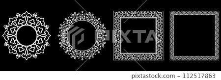 Set of decorative frames Elegant vector element for design in Eastern style, place for text. Floral black and white borders. Lace illustration for invitations and greeting cards. Set of decorative frames Elegant vector element for design in Eastern style, place for text. Floral black and white borders. Lace illustration for invitations and greeting cards. 112517863