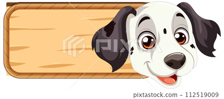 Happy Dog Peeking Over Wooden Sign Happy Dog Peeking Over Wooden Sign 112519009