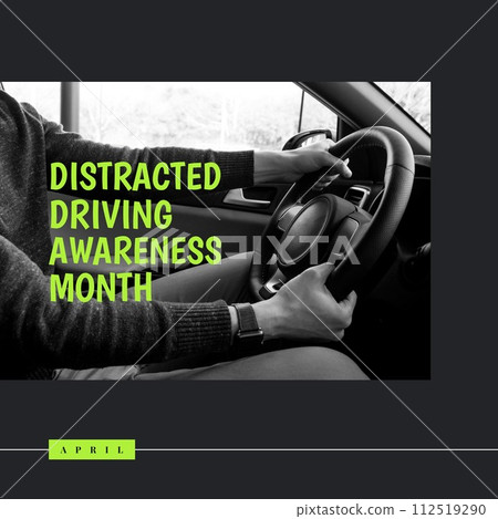 Composition of distracted driving awareness month text over caucasian man driving car Composition of distracted driving awareness month text over caucasian man driving car 112519290