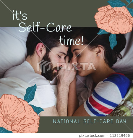 Composition of it's self-care time text over diverse couple sleeping in bed on black background 112519466
