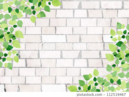 清新綠色，磚塊，水彩，插畫，背景，可愛，葉子，橫，對角線 112519467