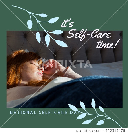 Composition of it's self-care time text over caucasian woman sleeping in bed on green background 112519476
